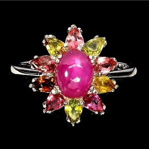 925 Sterling Silver Ring Sz 8 with Natural Ruby 8x6mm & Tourmaline Gemstones